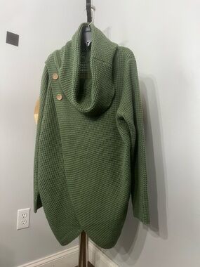 Cozy Olive Green Cowl Sweatshirt Sweater with Button Accent